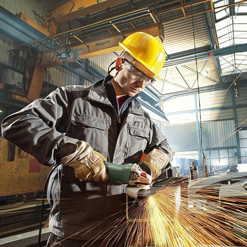 Worker using Heavy Duty 5 Inch Angle Grinder With 13.5 Amp Motor And 11000 RPM Electronic Speed Stabilization for metal cutting