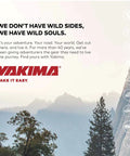 Scenic mountain landscape with Yakima adventure slogan and logo, promoting outdoor gear.