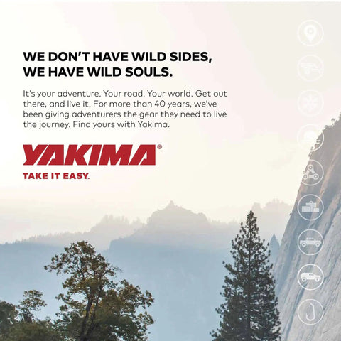 Scenic mountain landscape with Yakima adventure slogan and logo, promoting outdoor gear.