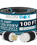L21 30 Extension Cord L21 30 Plug To Connector 30 Amp 120 208V Three Phase 8 5 SOOW Cable 100 Feet displayed with plugs.