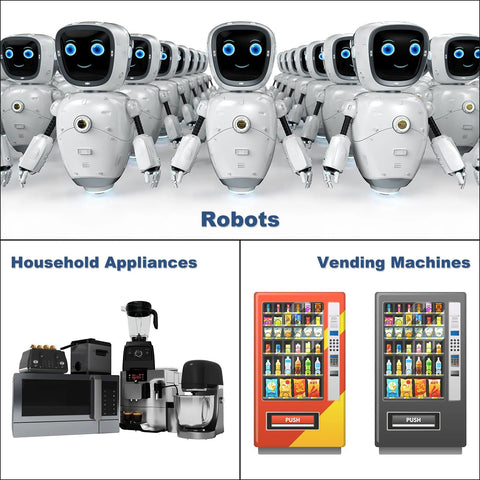 Collage of white robots with blue eyes and black visors, labeled Robots, Household Appliances, and Vending Machines.