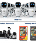 Line of robots, household appliances including microwave and blender, and vending machines showcasing use of 12V DC Worm Gear Motor Reducer With 6 RPM Reversible Drive And Beefy High Torque Gear Box 6mm D Shaft With Fixing Bracket For Sweepers Printers Ovens And More.