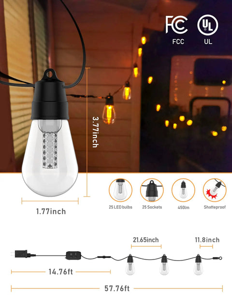 50Ft Led Outdoor String Lights With Dimmer And App Control, Weatherproof Commercial Grade Patio Lighting, S14 Edison Vintage Bulbs