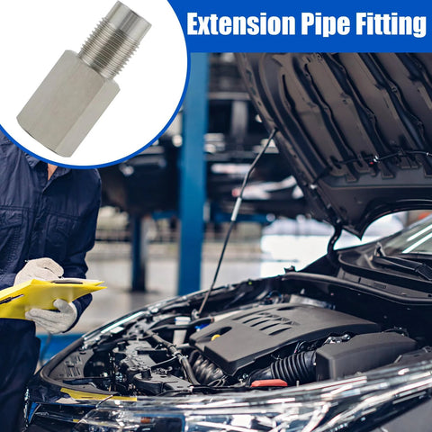 Extension pipe fitting shown in an inset; stainless steel, threaded male end; automotive workshop background