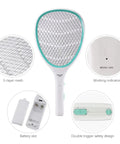 Handheld Bug Zapper Racket With 3000 Volt Instant Shock, showing 3-layer mesh, working indicator, battery slot, and double trigger safety.