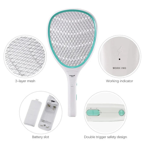 Handheld Bug Zapper Racket With 3000 Volt Instant Shock, showing 3-layer mesh, working indicator, battery slot, and double trigger safety.