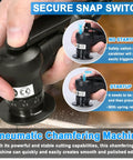 Heavy Duty Pneumatic Chamfering Machine Portable Angle Grinder Tool For Metal Wood Acrylic Steel Aluminum Copper Deburring showing secure snap switch and safety features.