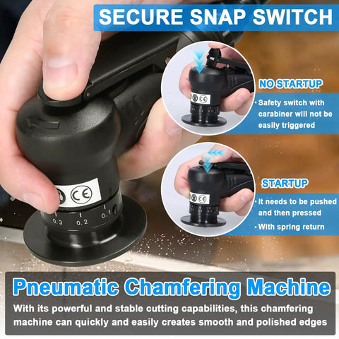 Heavy Duty Pneumatic Chamfering Machine Portable Angle Grinder Tool For Metal Wood Acrylic Steel Aluminum Copper Deburring showing secure snap switch and safety features.