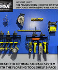 Built Tough Heavy Duty Floating Tool Shelf And Organizer 2 Pack Wall Mounted Garage Storage Rack For Handheld And Power Tools USA Made 100 Pound Capacity Compact Steel Design Black, displaying organized tools.