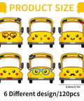 120 Pack School Bus Name Tags In 6 Cartoon Styles For Classroom Use with dimensions 3.9 x 3.7 inches displayed