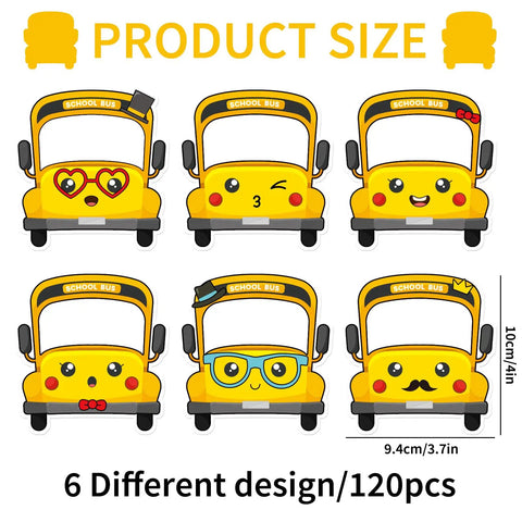 120 Pack School Bus Name Tags In 6 Cartoon Styles For Classroom Use with dimensions 3.9 x 3.7 inches displayed