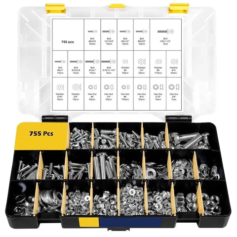 2240 Piece Metric Screw Nut Bolt Washer Fastener Kit Carbon Steel With Assorted Sizes For Home DIY Garage And Workshop Use Durable Premium Hardware For Quick Repairs And Projects. 755-piece storage case with bolts, washers, and hex nuts