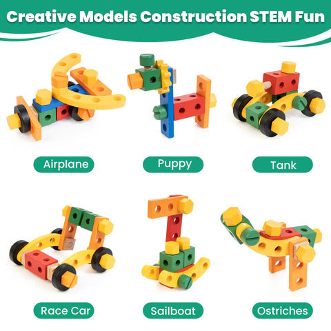 90 Piece Wooden Toddler Tool Set With Box For Kids Ages 3 To 5, building models Airplane, Puppy, Tank, Race Car, Sailboat, Ostriches