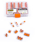 DIY Ready Wire Connectors Set In Sturdy Case With 221 Series Inline Splice 12 AWG Kit Includes 221-2401, 221-412, 221-413, 221-415 Compact Splicing Wire Nuts For Home Wiring Projects 90-Piece displayed with connectors.