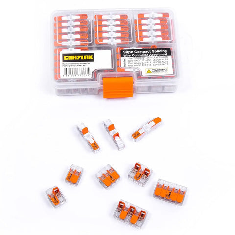 DIY Ready Wire Connectors Set In Sturdy Case With 221 Series Inline Splice 12 AWG Kit Includes 221-2401, 221-412, 221-413, 221-415 Compact Splicing Wire Nuts For Home Wiring Projects 90-Piece displayed with connectors.