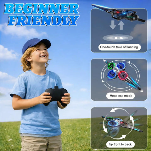 Child controlling Gesture Control Flying Sword RC Plane For Kids 8-12 with remote, showcasing features like easy takeoff and landing.