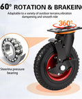 Badass 8 Inch Rubber Caster Wheels 4 Pack Swivel With Brake showing 360° rotation, deep lug tread, and steel core bearing.