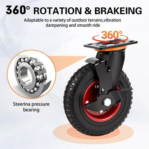 Badass 8 Inch Rubber Caster Wheels 4 Pack Swivel With Brake showing 360° rotation, deep lug tread, and steel core bearing.