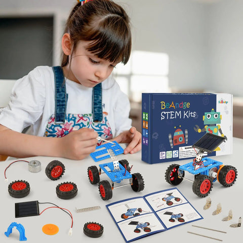 Child assembling a Totally Solar Powered STEM Car Kits For Kids 8 9 10 11 12 13 Kid Friendly Hands On Robotics with car parts