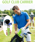 Golfer using Golf Bag Organizer And Club Carrier For On The Go Golfers Portable Storage Clip for irons and woods on green field