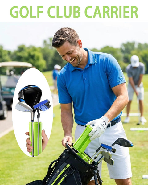 Golfer using Golf Bag Organizer And Club Carrier For On The Go Golfers Portable Storage Clip for irons and woods on green field