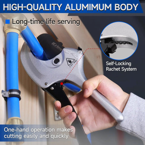 Heavy Duty One Hand Ratchet Pipe Cutter for PEX PVC and Plastic Hose Up to 2-1/2 Inch Aluminum Body with SK5 Blade in use