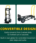 Nylon Dolly Hand Truck With Solid Rubber Tires showing convertible design from two-wheel dolly to four-wheel cart.