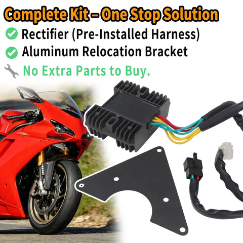 Slight correction Rectifier Move Kit with pre-installed wiring loom and aluminum relocation bracket for Ducati 848 1098 models.
