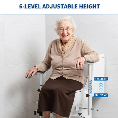 Senior woman seated on Built Tough Toilet Safety Rails For Seniors With No Wobble Stability And Wide Anti Slip Base For Tile Or Hardwood Floors Straightforward Setup Handicap Support Frame with adjustable height.