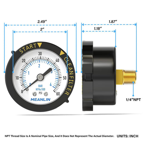 Start and Clean Filter Pressure Gauge for Pool, Spa, Aquarium Pros and DIYers, Two Inch Dial, One Quarter Inch NPT, Center Back Mount