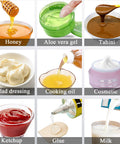 Various liquids in bowls including honey, aloe vera gel, tahini, salad dressing, cooking oil, cosmetic, ketchup, glue, and milk.