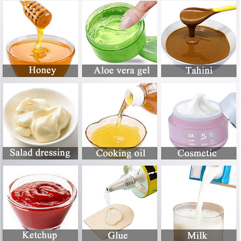 Various liquids in bowls including honey, aloe vera gel, tahini, salad dressing, cooking oil, cosmetic, ketchup, glue, and milk.