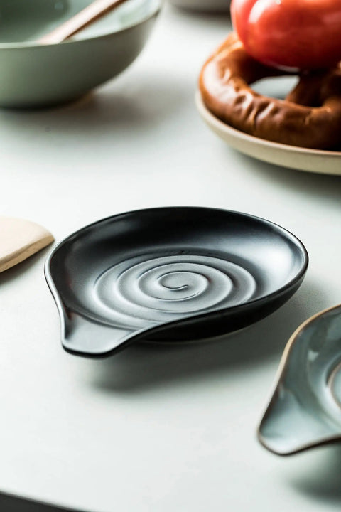 Porcelain Spoon Rest And Drip Tray For Multiple Utensils On The Stovetop Huge Capacity Go To Utensil Holder, black, side view