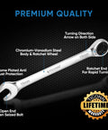 15mm ratcheting wrench showing features, part of 12-piece Ratcheting Wrench Set With Slim Organizer Rack In Rust Resistant Chrome Vanadium