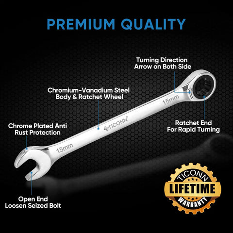 15mm ratcheting wrench showing features, part of 12-piece Ratcheting Wrench Set With Slim Organizer Rack In Rust Resistant Chrome Vanadium