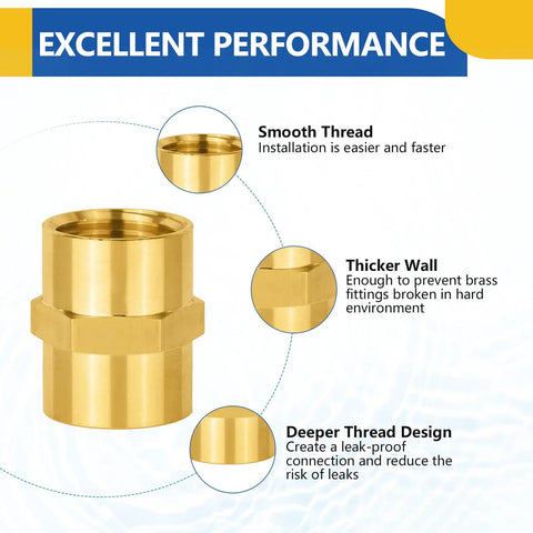 Ten Pack Brass Pipe Fittings Coupling One Half Inch NPT Female To One Half Inch NPT Female showing smooth thread and thicker wall