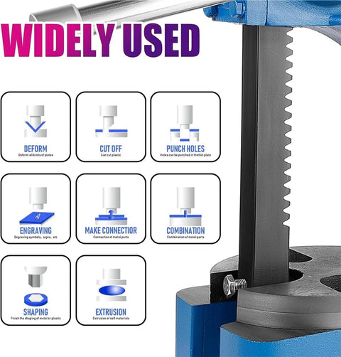 Badass 2 Ton Manual Arbor Press For Stamping And Riveting Heavy Duty Desktop Metal Working Tool showcasing various uses like shaping and punching.