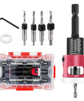 Five Piece Countersink Drill Bit Set With Low Friction Depth Stop For Woodworking, HSS M2 Tapered Bits, and storage case