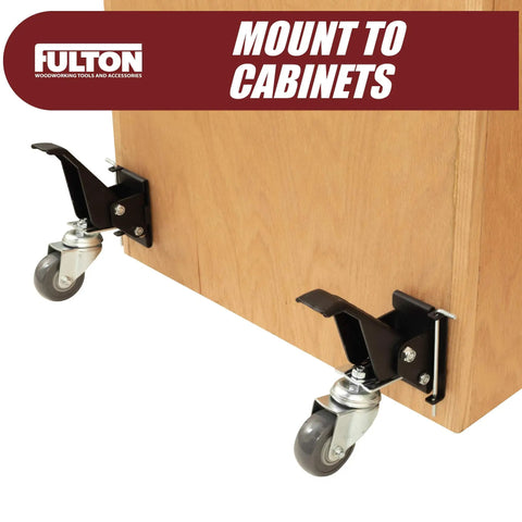 Four Rock Solid Retractable Casters Featuring Quick Release Mounting Plates For No Sweat Workbench Relocation And Lets Heavy Shop Gear Roll Out Smooth As Butter mounted to wooden cabinet.