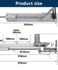 DC 24V reciprocating linear actuator with motor; side and top view, 450mm length, 60mm height, 10mm rod