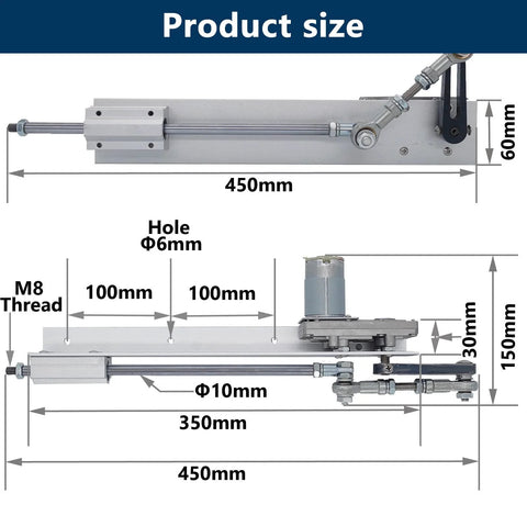 DC 24V reciprocating linear actuator with motor; side and top view, 450mm length, 60mm height, 10mm rod