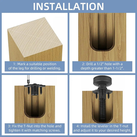 Installation steps for Beefy Three Eighths Inch Sixteen Thread Adjustable Leveling Feet Furniture Levelers Heavy Duty Leg Levelers.