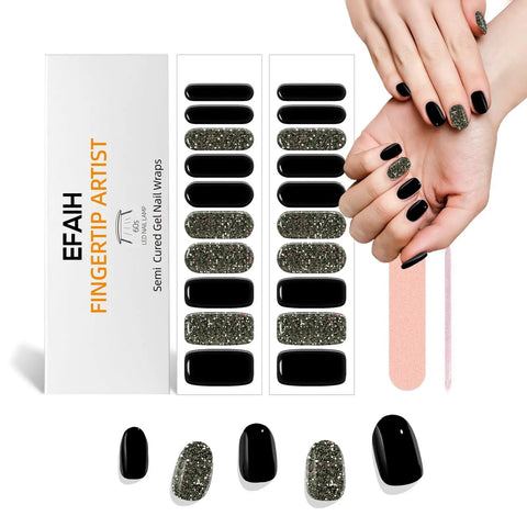 Semi Cured Gel Nail Strips And Wraps 20 Piece Kit For DIY Manicure With UV LED Lamp shows black and glitter designs