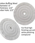 Badass 6 Piece 6 Inch Stainless Steel Buffing Wheel Kit For Bench Grinders With Half Inch Arbor Hole Plus Sisal Denim Cotton Wheels and 3 Heavy Duty Polishing Bars In Black Green White For Straight Up Hella Smooth Metal Polish showing two cotton buffing wheels with 6" diameter.
