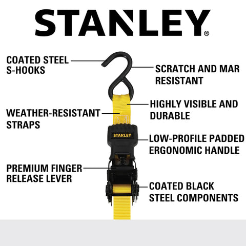 1 Inch By 10 Foot Ratchet Tie Down Straps Set With Padded Ergonomic Handle Black And Yellow 500 Lbs Safe Working Load