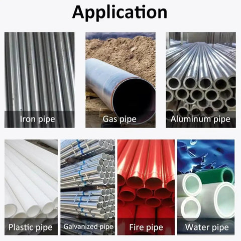 Application examples of pipes including iron, gas, aluminum, plastic, galvanized, fire, and water pipe types. Tough As Nails 2300W Electric Pipe Threader.