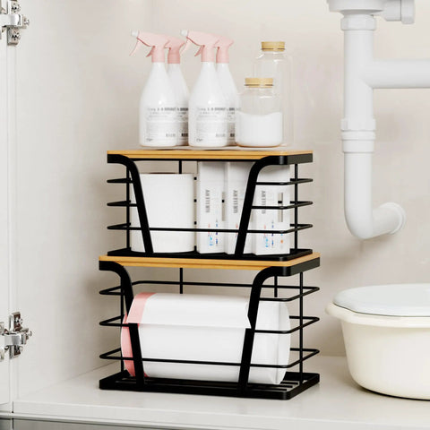 Two Pack Stackable Trash Bag Holder And Dispenser With Bamboo Top For Laundry And Kitchen Storage No Drill Wall Mount Organizer Great For Small Spaces And Busy Kitchens Keeps Bag Rolls Ready
