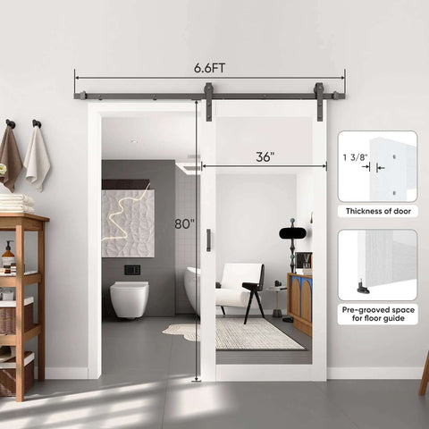 36x80 Inch Mirror Barn Door With Sliding Hardware Kit Included Full Length One Lite Mirror Door White Finish Solid Wood Core