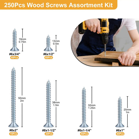 Pro Heavy Duty Wood Screws Assortment Kit With Phillips Flat Head Design In Six Handy Sizes for DIY and repairs.