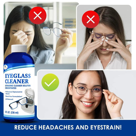 Blue bottle labeled Eyeglass Cleaner Ultrasonic Cleaner Solution, 8 fl oz (236 ml).